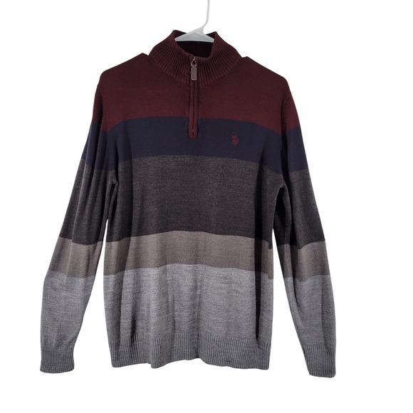 U.S. Polo Assn. Other - US Polo Assn. Mens Striped Quarter Zip Sweater Burgundy Navy Grey Acrylic Small